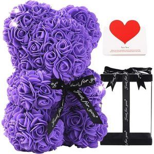 Valentines Day Gifts for Her -Rose Flower Bear w/Clear Box 10 Inch (Purple)